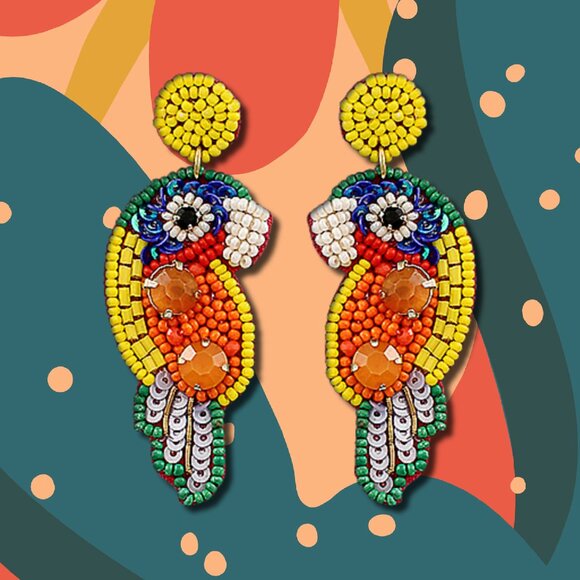 Jeweled & Seed Beaded Tropical Parrot Resort Style Statement Earrings NEW - Picture 4 of 4